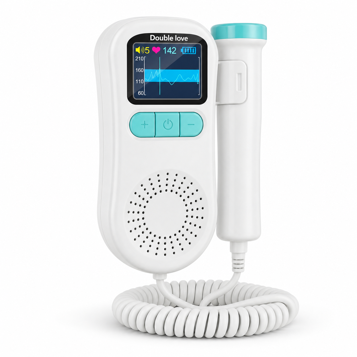 Prenatal sound listener with waveform display, connected probe and coiled cable on white