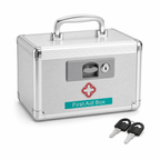 Silver lockable medicine storage box with two keys on white