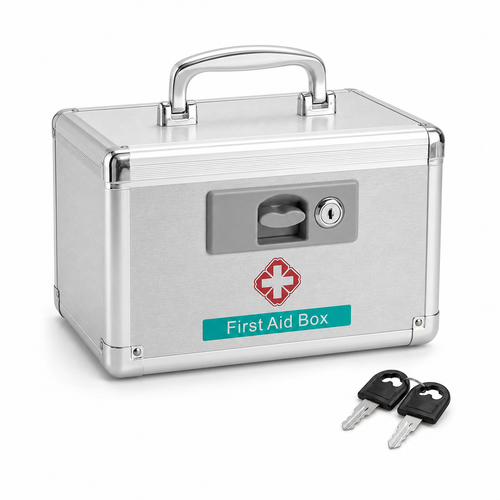 Silver lockable medicine storage box with two keys on white