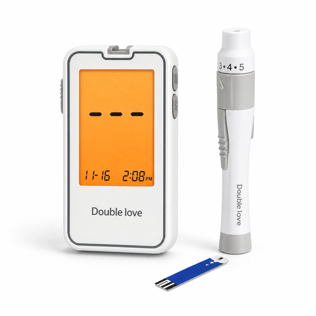 Blood glucose monitor kit with meter, lancing device, and test strip on white