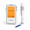 Blood glucose monitor kit with meter, lancing device, and test strip on white