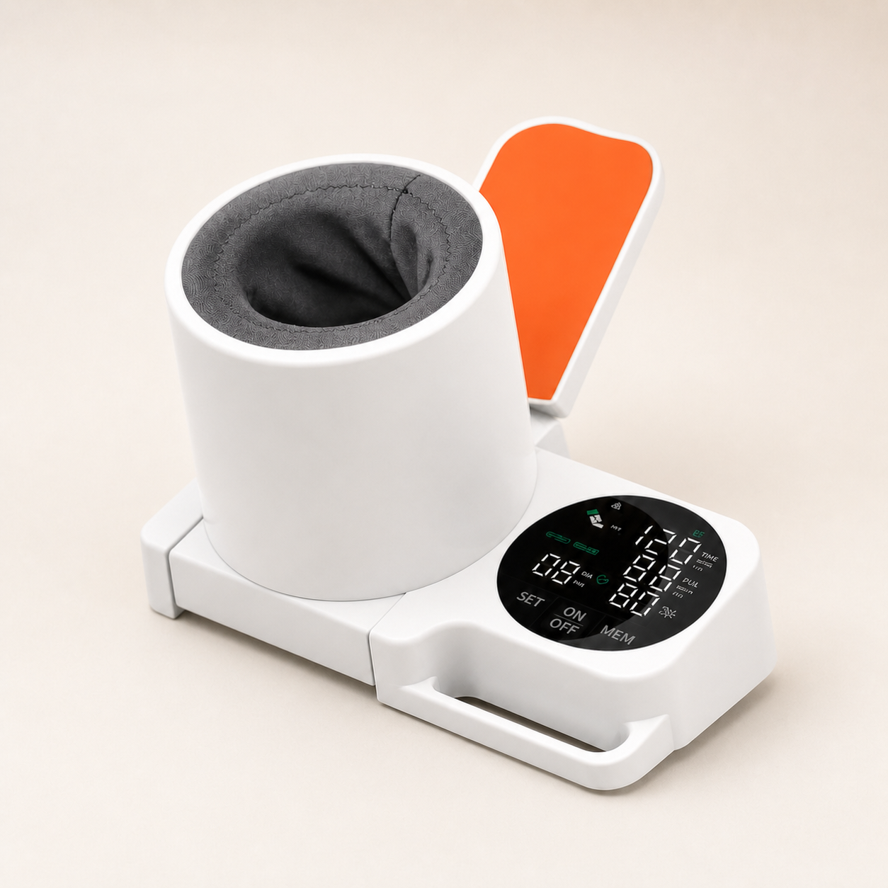 Eluniva Care OnePress all-in-one upper-arm blood pressure monitor on a warm white background