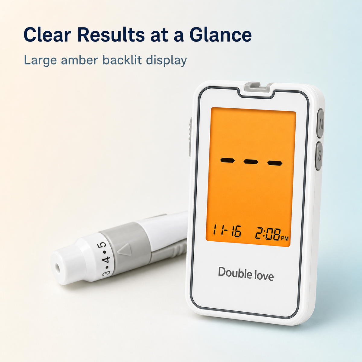 Blood glucose monitor with large amber backlit display