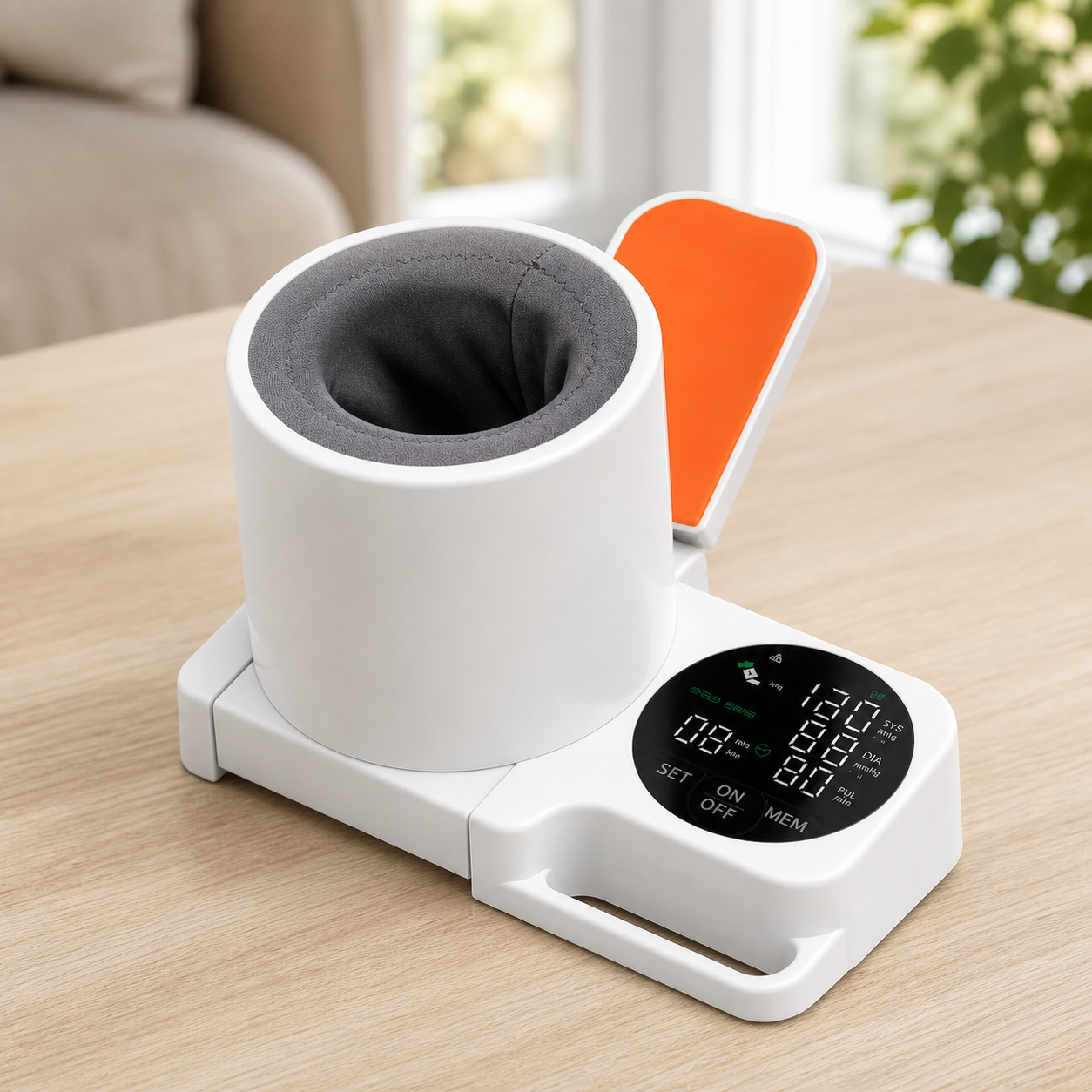 Close view of the built-in upper-arm cuff and orange arm support on the Eluniva Care OnePress monitor
