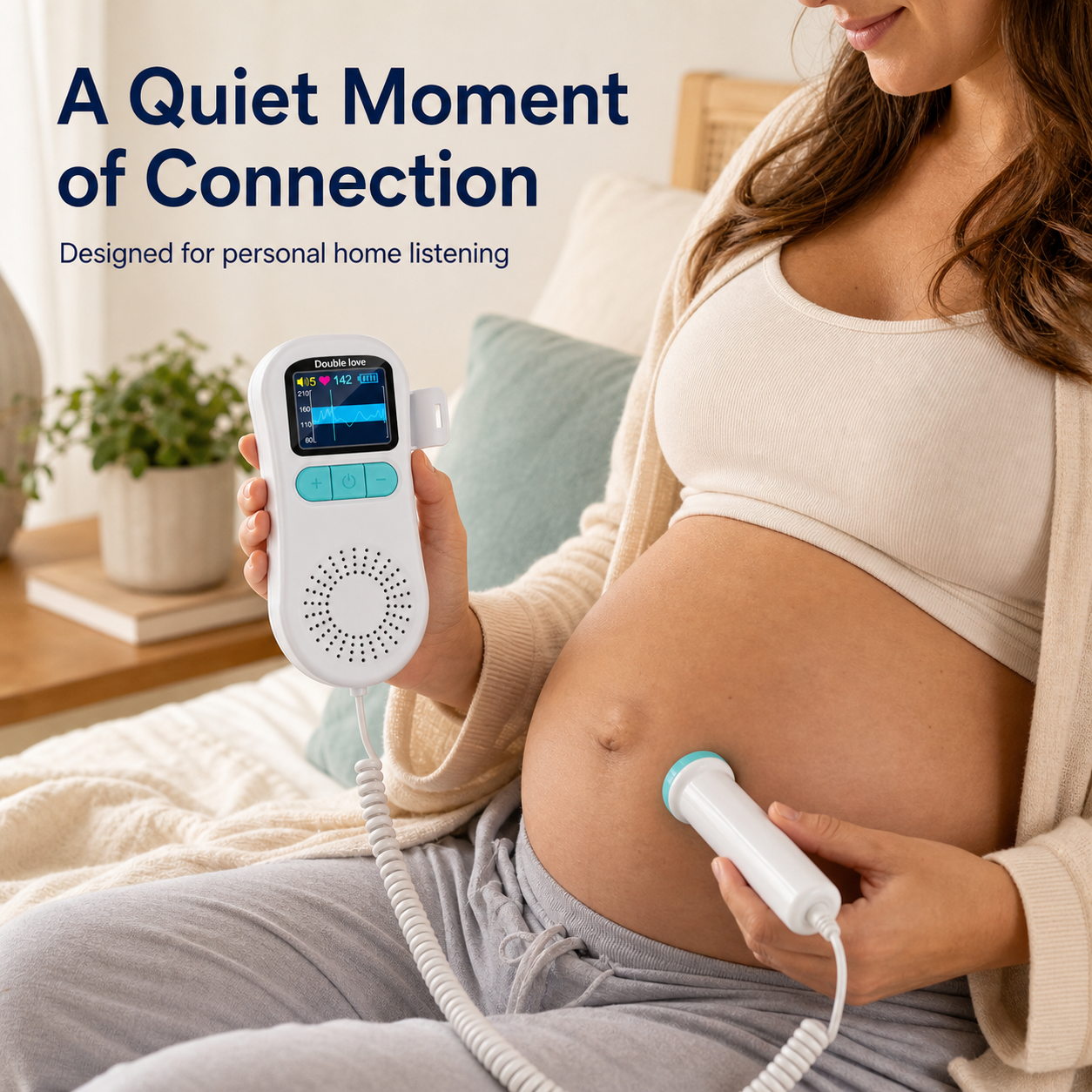Adult pregnant woman using the connected prenatal sound listener at home