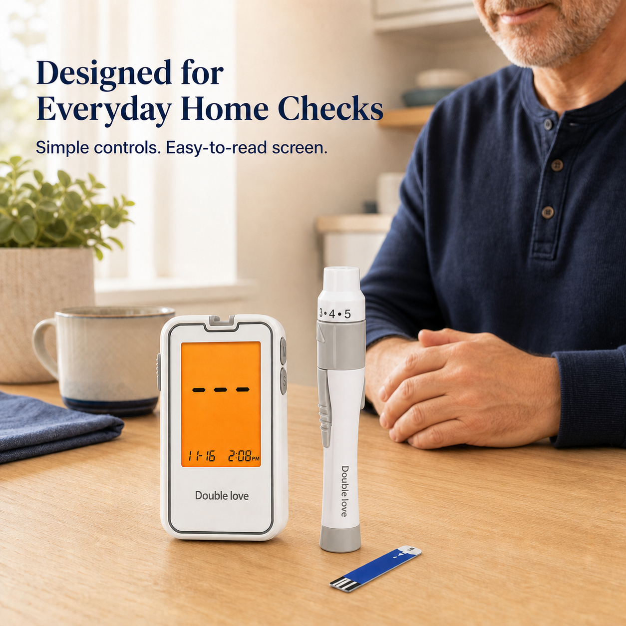 Adult home blood glucose checking setup with meter and lancing device