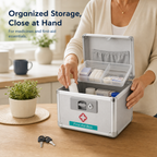 Adult organizing medicines and first-aid essentials in a lockable storage box