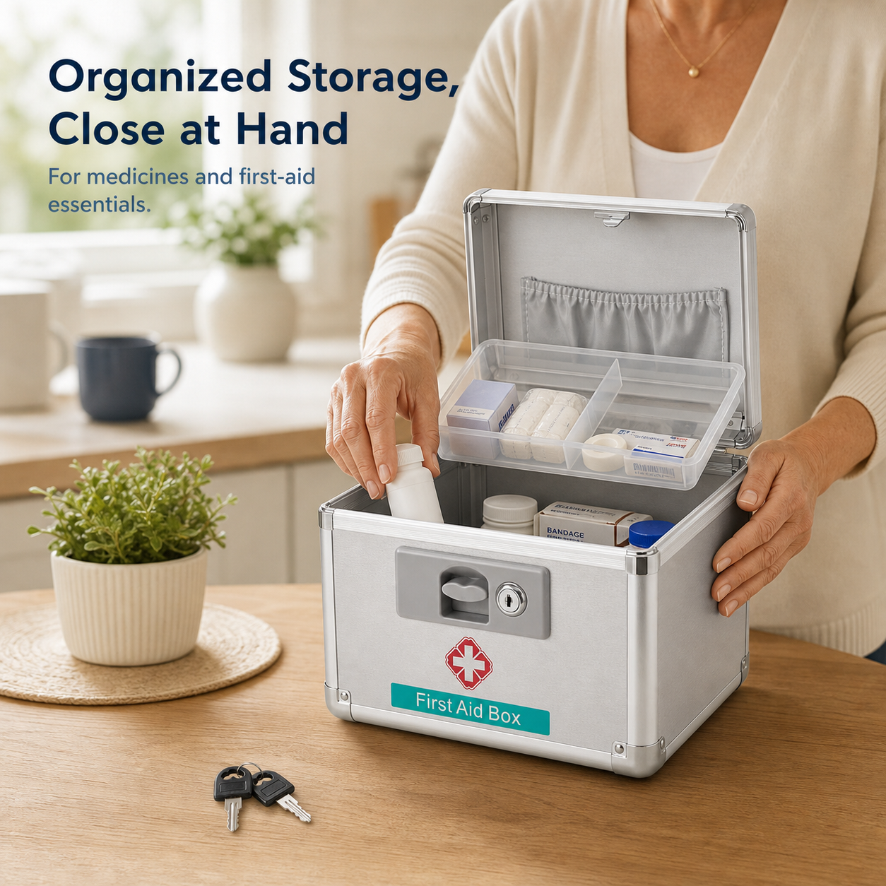 Adult organizing medicines and first-aid essentials in a lockable storage box