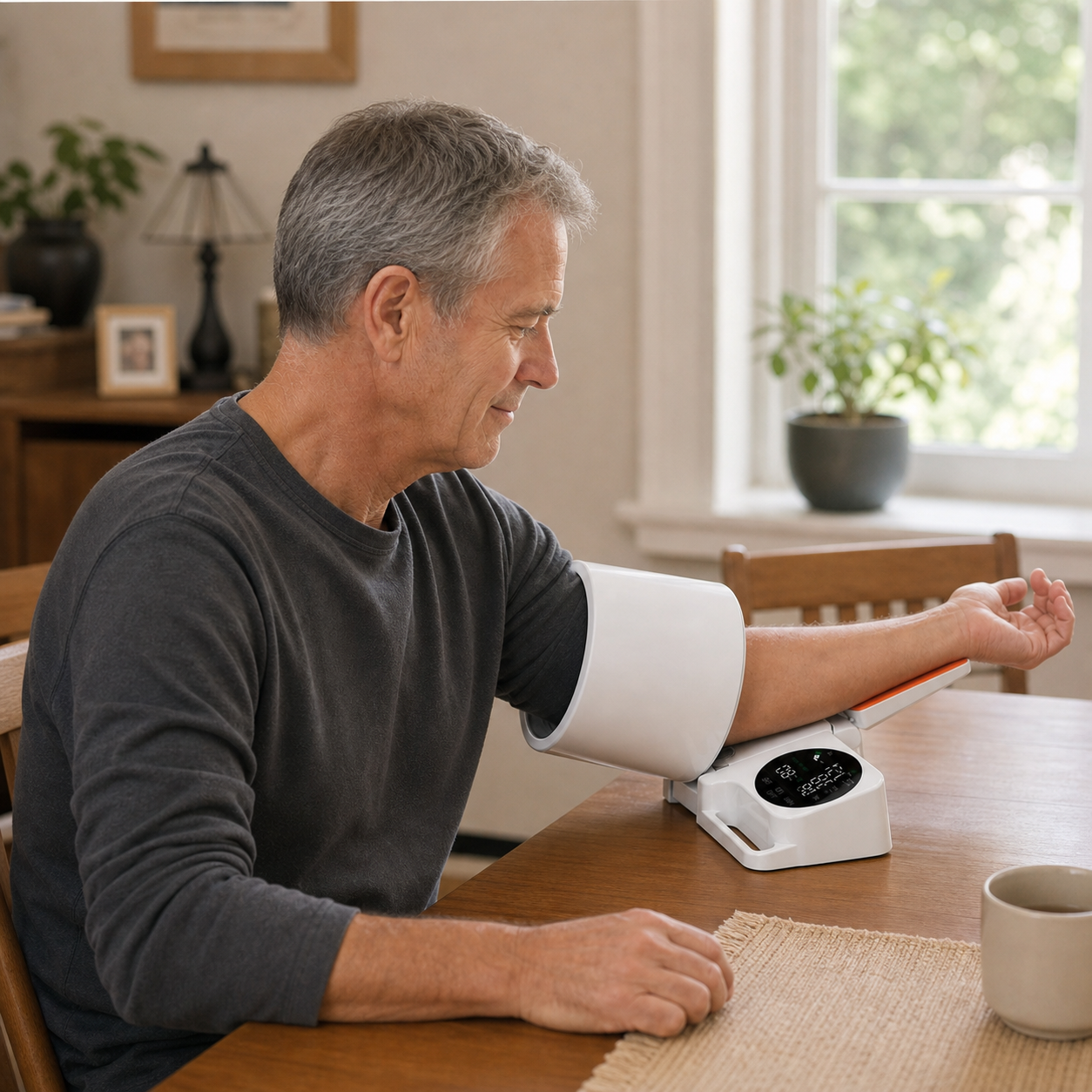 Adult independently using the Eluniva Care OnePress arm-in blood pressure monitor at home