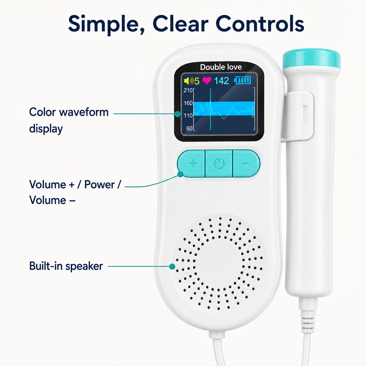Color display, volume controls and built-in speaker details