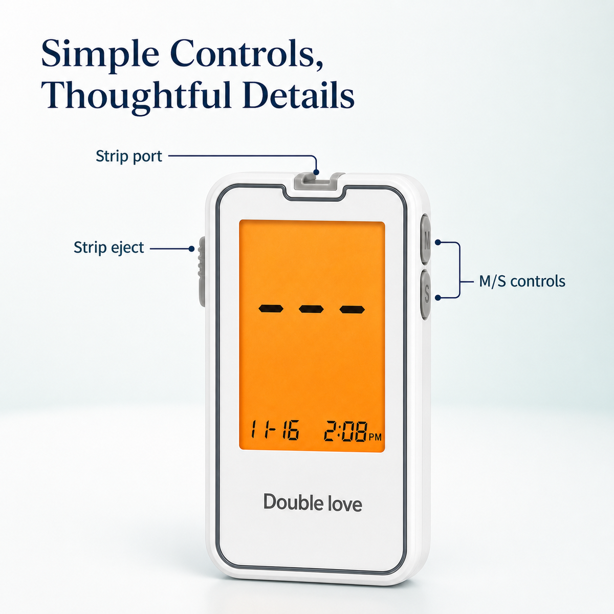 Blood glucose meter controls showing strip port, eject, and M S buttons