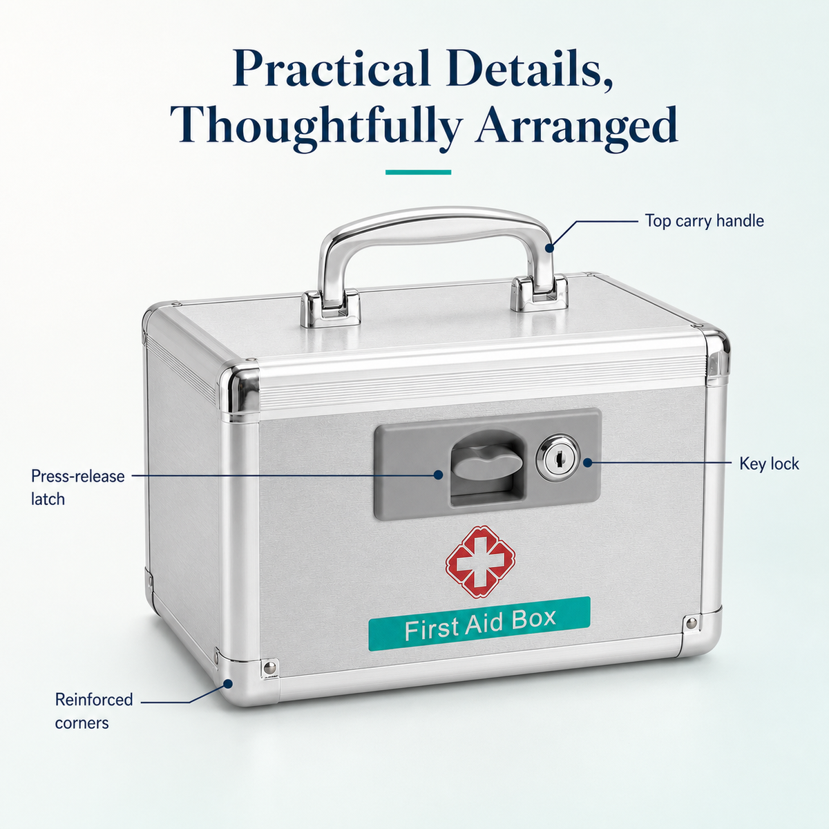 Lockable medicine box details including key lock, latch, reinforced corners, and carry handle