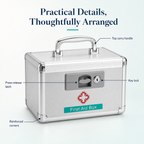 Lockable medicine box details including key lock, latch, reinforced corners, and carry handle