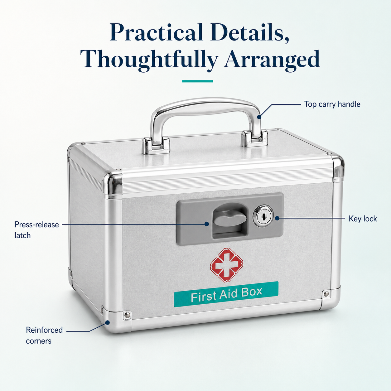 Lockable medicine box details including key lock, latch, reinforced corners, and carry handle