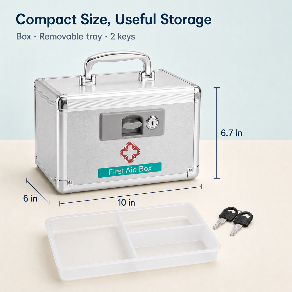 Silver medicine storage box dimensions with removable tray and two keys