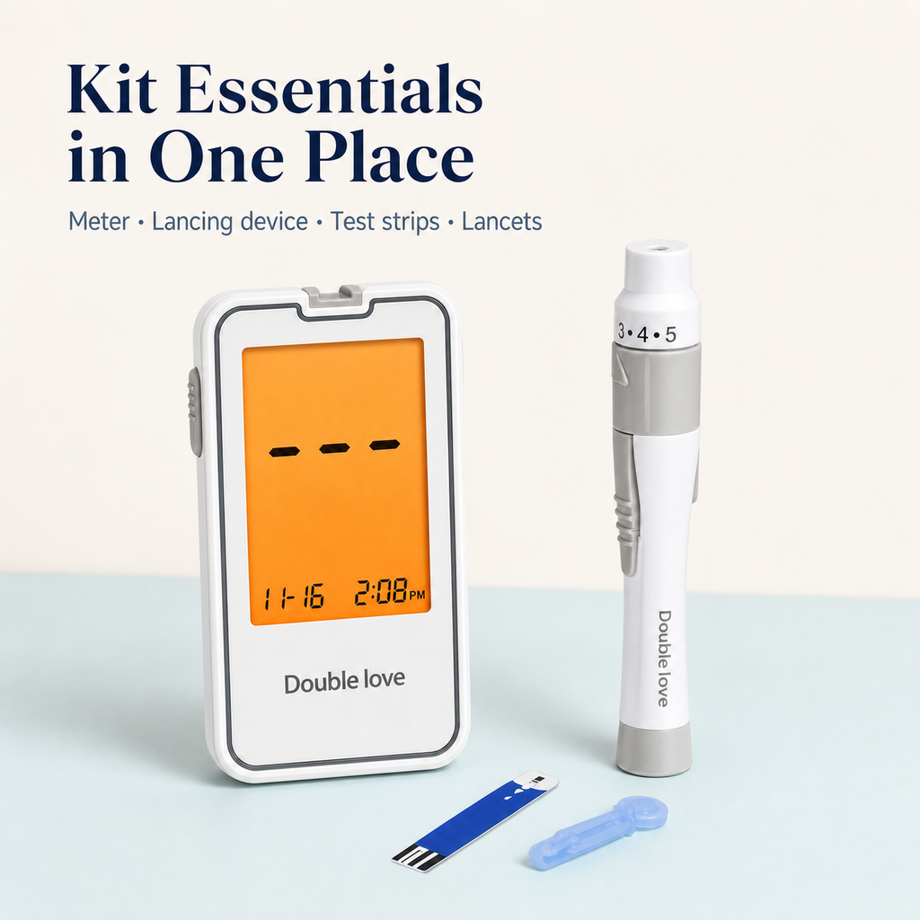 Blood glucose kit essentials including meter, lancing device, test strip, and lancet