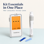 Blood glucose kit essentials including meter, lancing device, test strip, and lancet