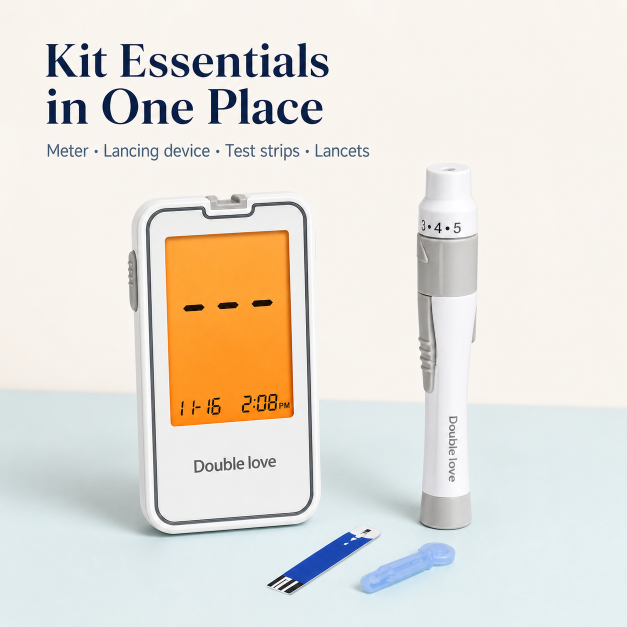 Blood glucose kit essentials including meter, lancing device, test strip, and lancet