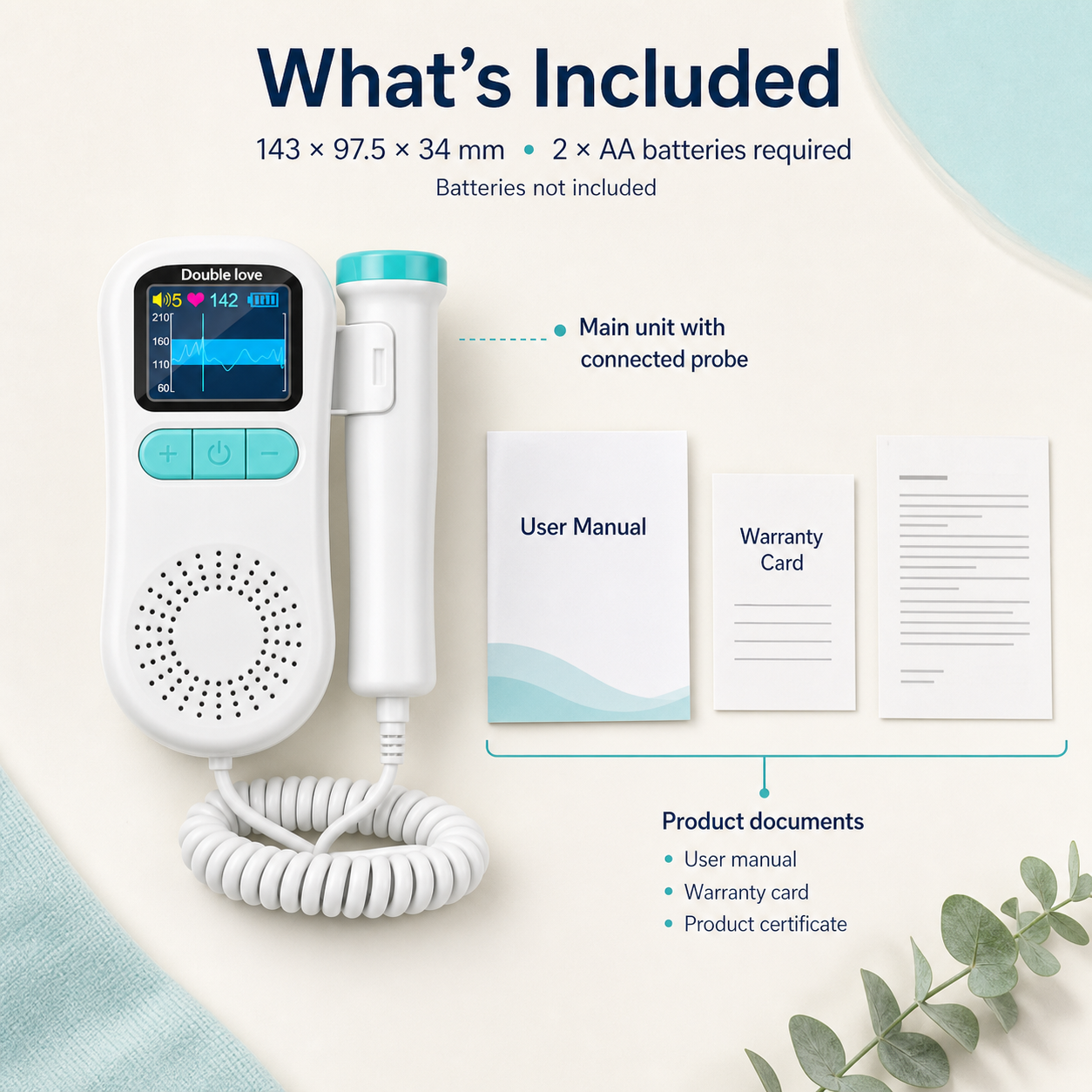 Prenatal sound listener dimensions, power requirement and included documents
