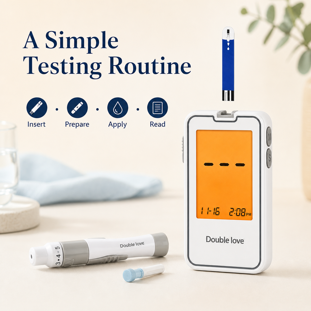 Simple blood glucose testing routine with meter, strip, and lancing device