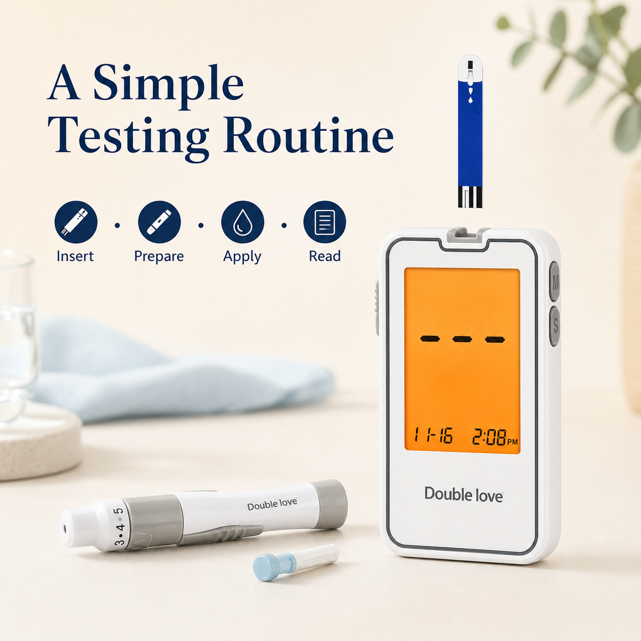 Simple blood glucose testing routine with meter, strip, and lancing device