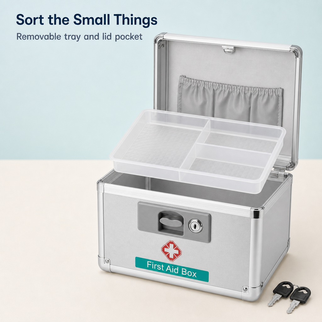 Open medicine storage box with removable three-section tray and lid pocket