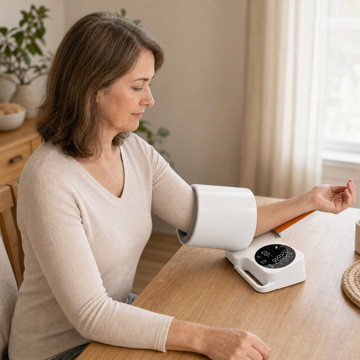 Adult using the Eluniva Care OnePress monitor with a supported arm position