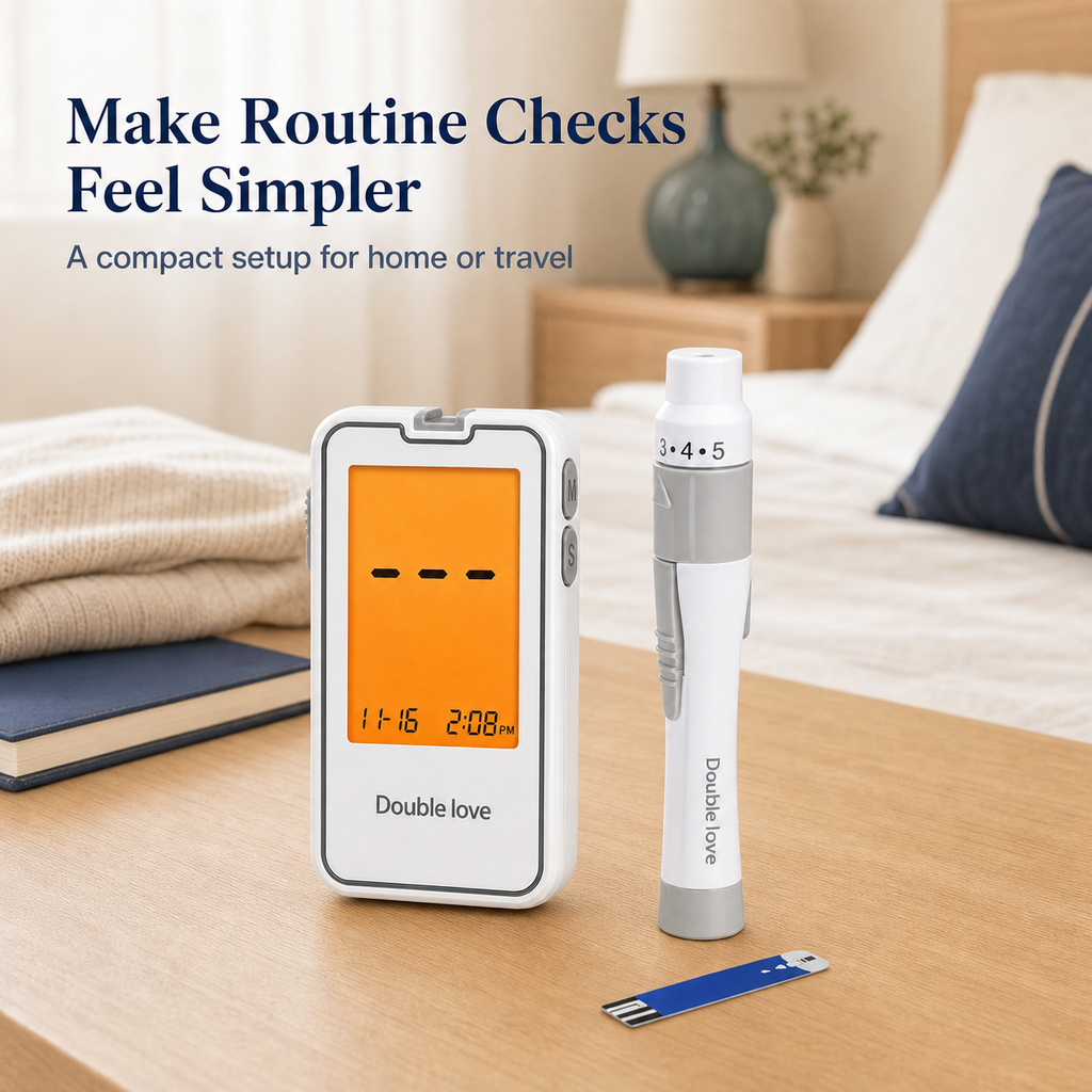 Compact blood glucose meter setup for home or travel