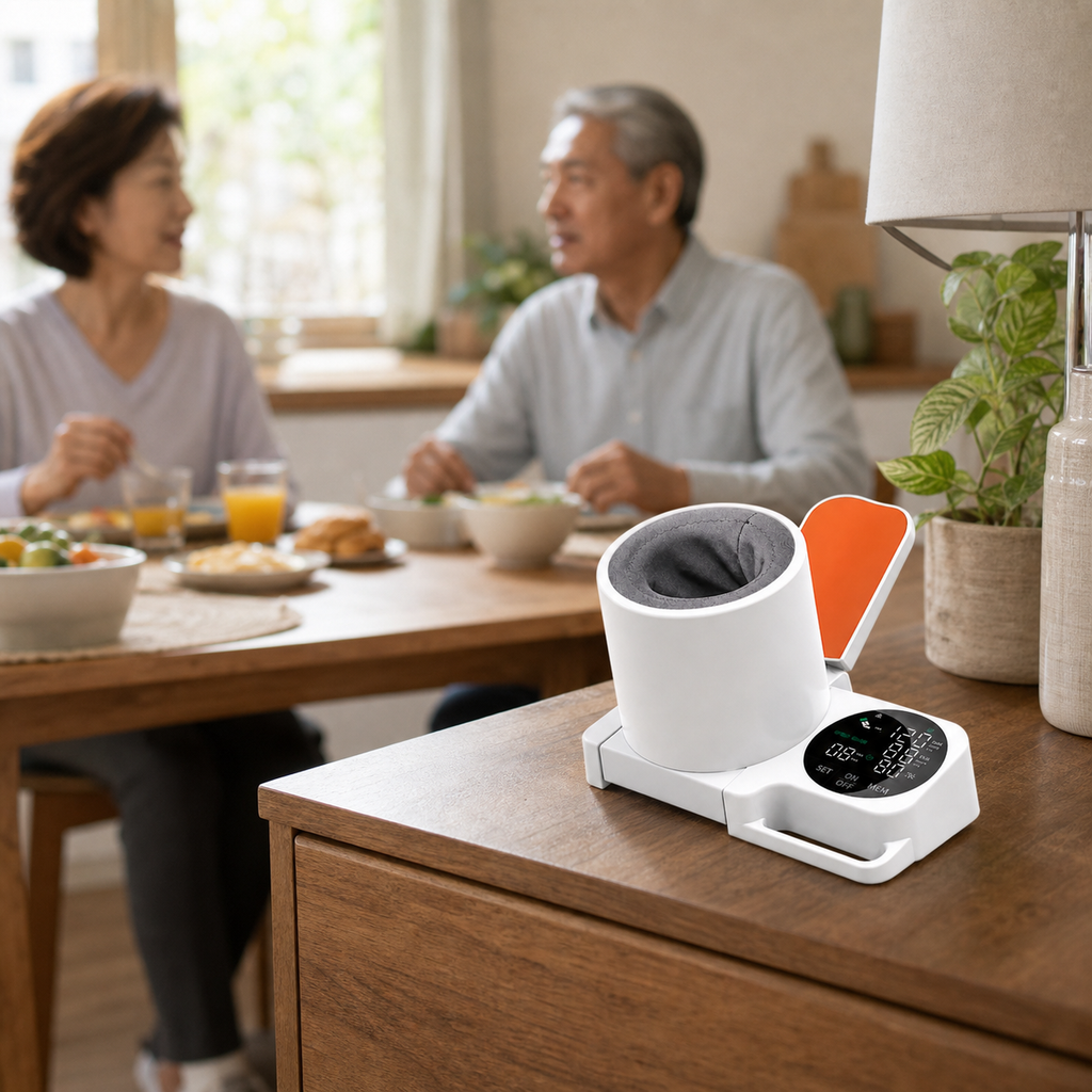 Eluniva Care OnePress arm-in blood pressure monitor in a shared home setting