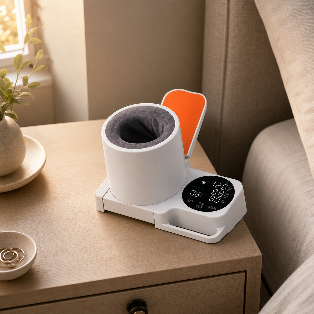 Eluniva Care OnePress arm-in blood pressure monitor on a bedside table