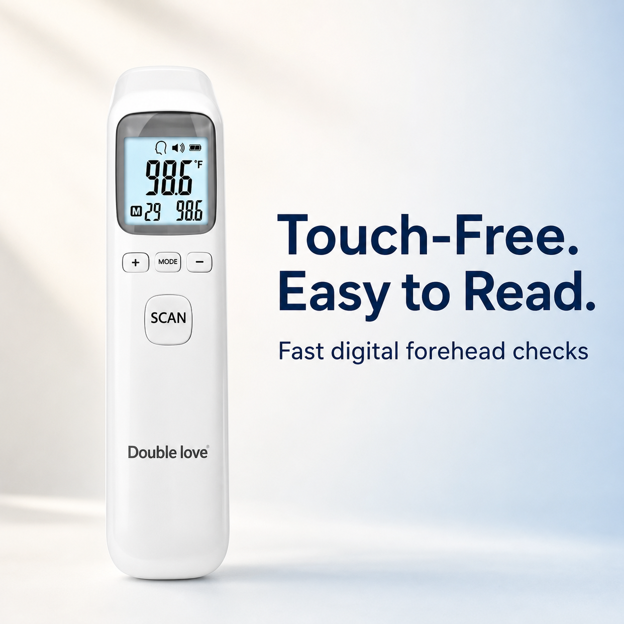 Touch-free forehead thermometer with fast digital reading and easy-to-read display