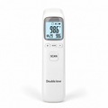 White non-contact infrared forehead thermometer with backlit LCD, mode controls, and scan button