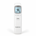 White non-contact infrared forehead thermometer with backlit LCD, mode controls, and scan button