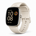 Champagne-gold smartwatch with beige strap on white
