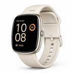Champagne-gold smartwatch with beige strap on white