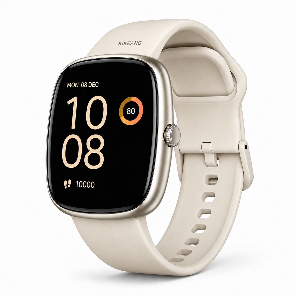 Champagne-gold smartwatch with beige strap on white