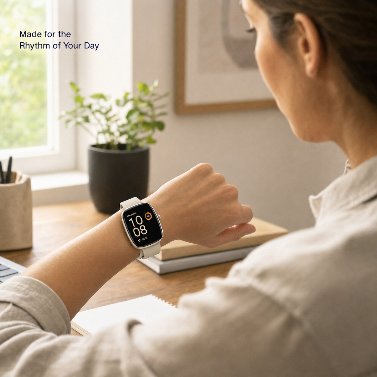 Adult checking beige smartwatch in a warm home office