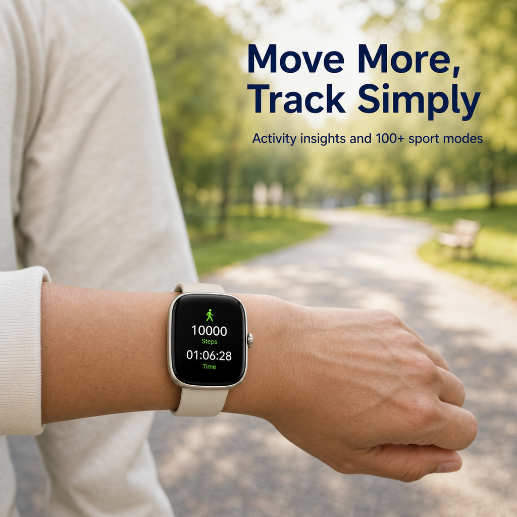 Adult wearing beige smartwatch during a relaxed walk