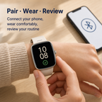 Adult pairing and wearing beige Bluetooth smartwatch
