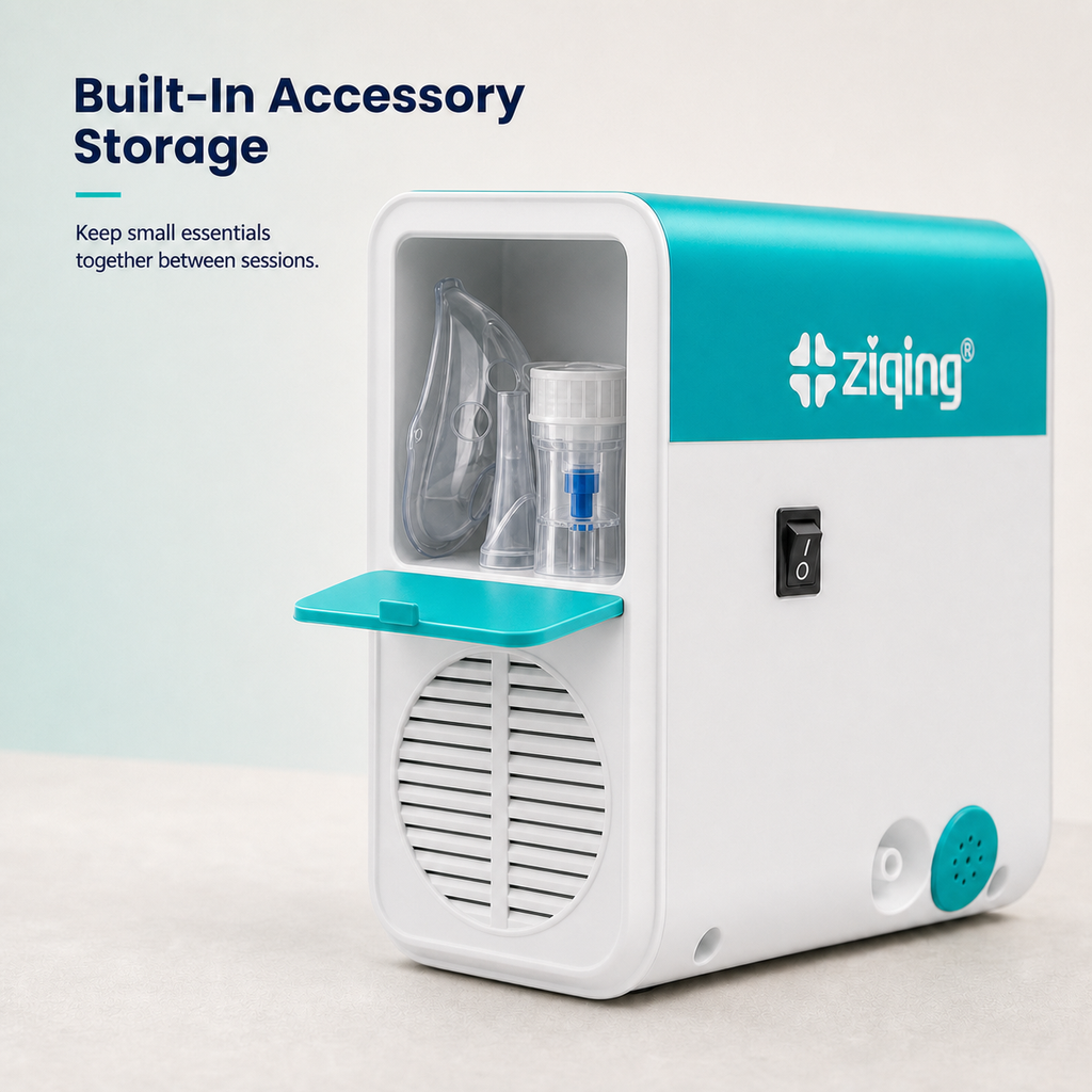 WH-02 compressor nebulizer built-in side storage holding clean mask, mouthpiece, and medicine cup