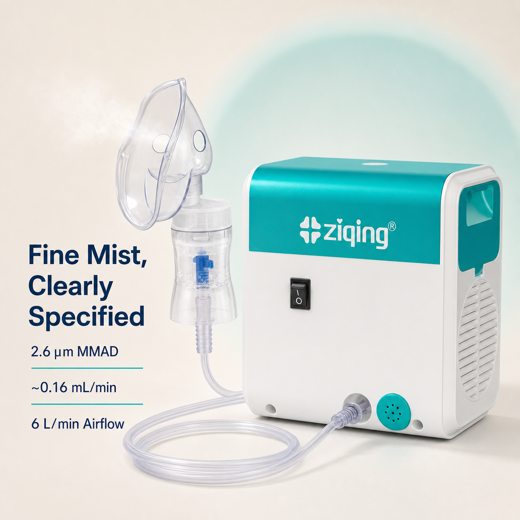 WH-02 compressor nebulizer fine mist specifications: 2.6 micrometer MMAD, approximately 0.16 milliliters per minute, and 6 liters per minute airflow