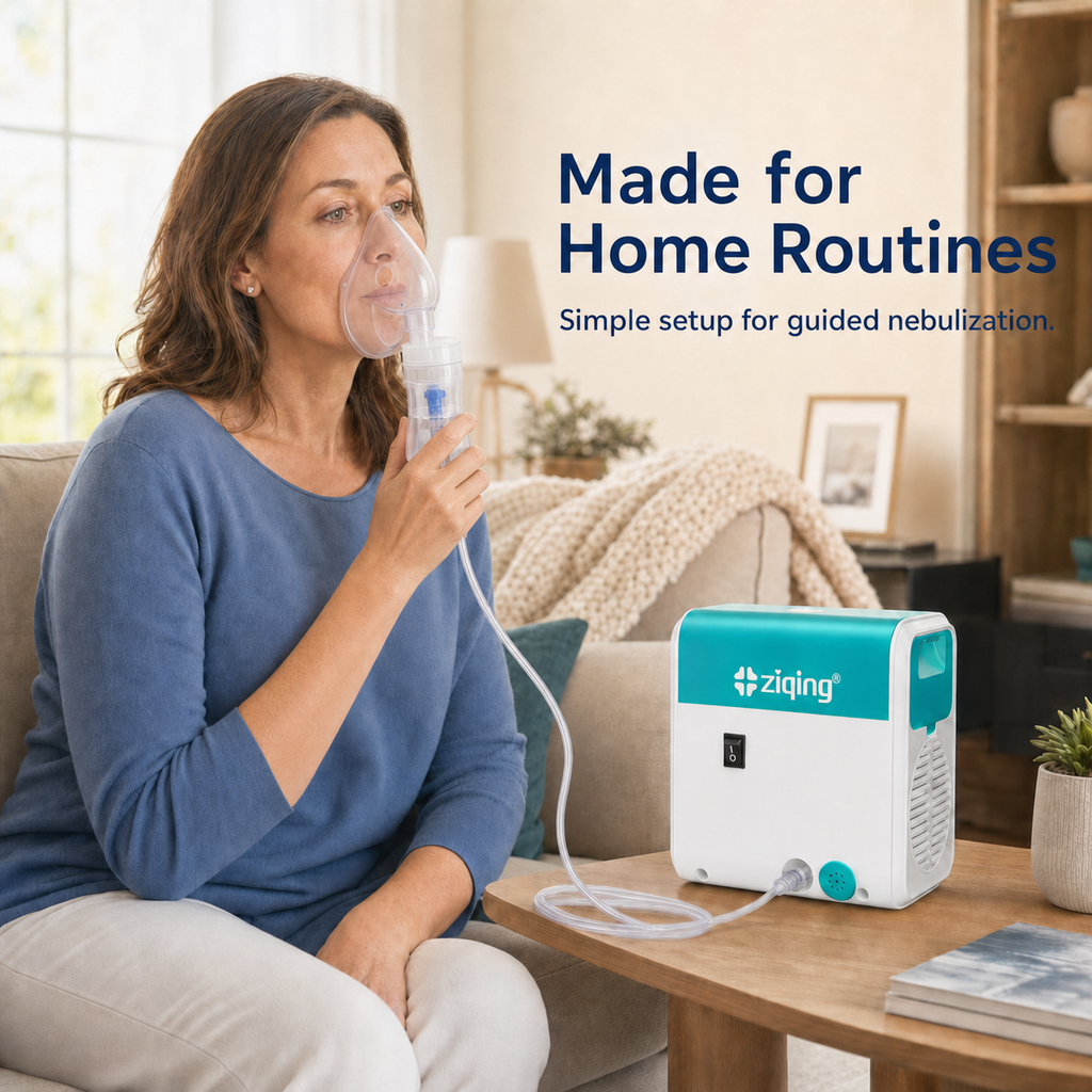 Adult correctly using the WH-02 compressor nebulizer with a transparent mask and medicine cup at home