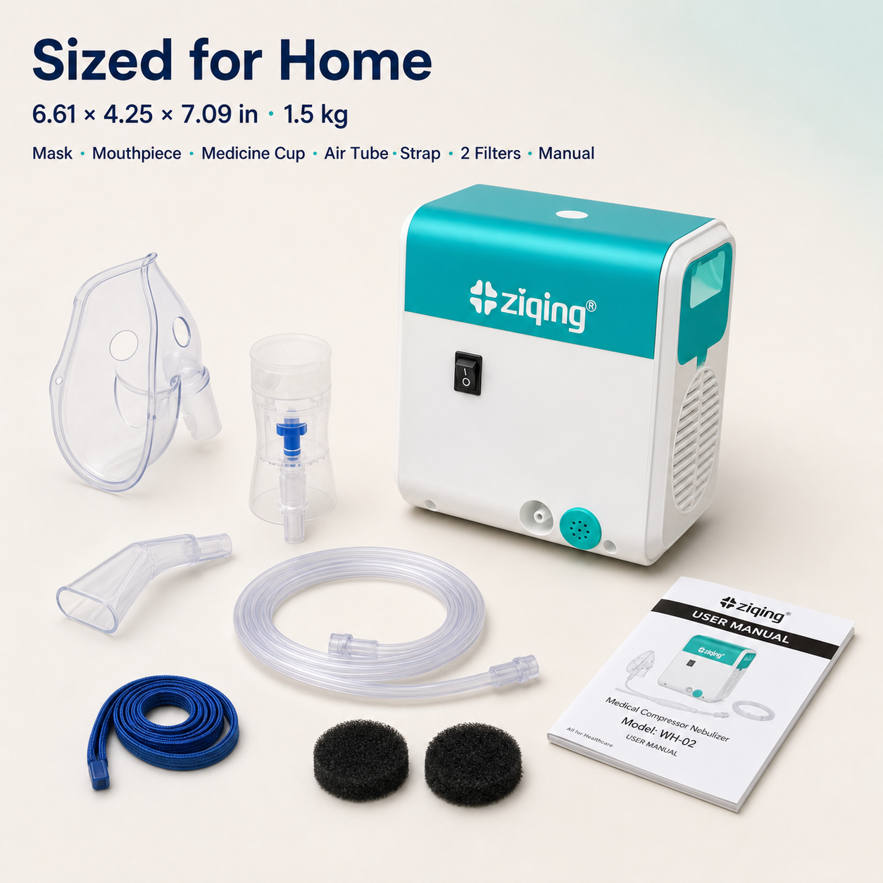 WH-02 compressor nebulizer dimensions and included mask, mouthpiece, medicine cup, air tube, strap, filters, and manual