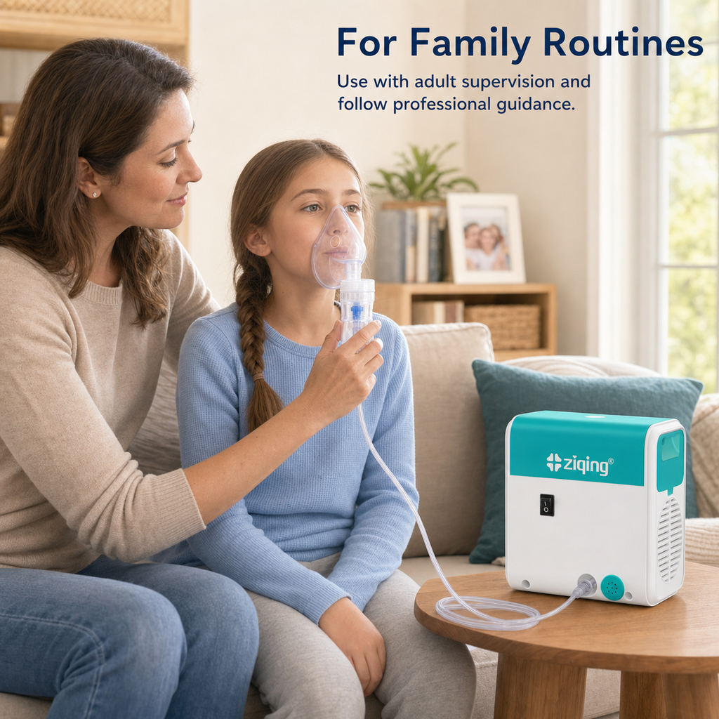 Child using the WH-02 compressor nebulizer with a transparent mask under adult supervision