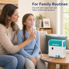 Child using the WH-02 compressor nebulizer with a transparent mask under adult supervision
