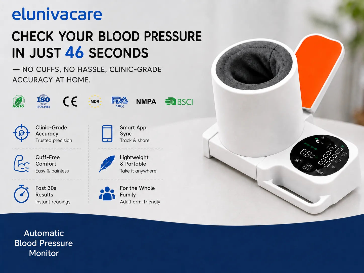 OnePress automatic arm-in blood pressure monitor with simplified home measurement features