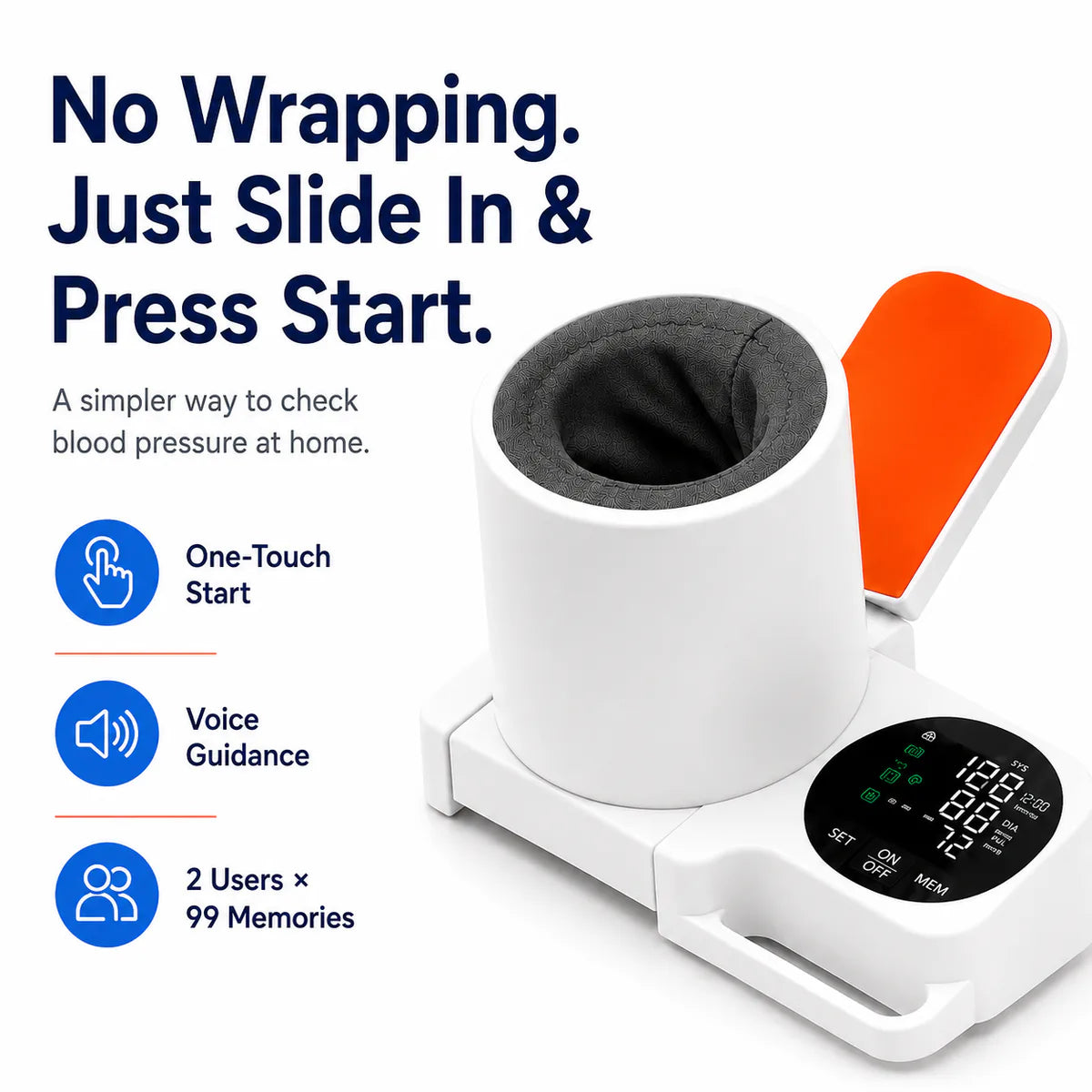 OnePress arm-in blood pressure monitor with no cuff wrapping